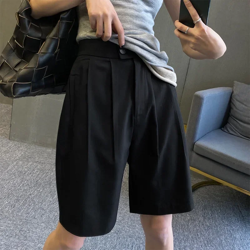 Frühling Sommer Mode Damen Breite Bein Anzüge Shorts Casual Hohe Taille Doppel Taste Einfarbig Gerade Büro Dame Shorts Hosen