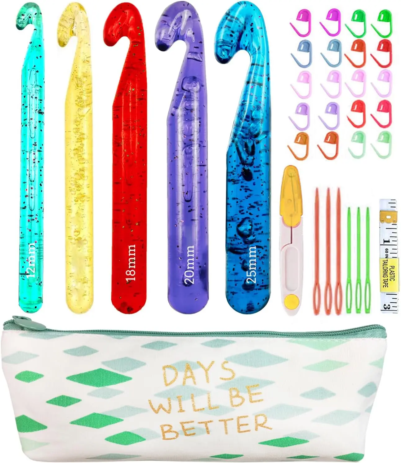 

Набор из 5 больших крючков для вязания 12-25 мм с чехлом, крючки для толстой пряжи, 24 аксессуара для вязания