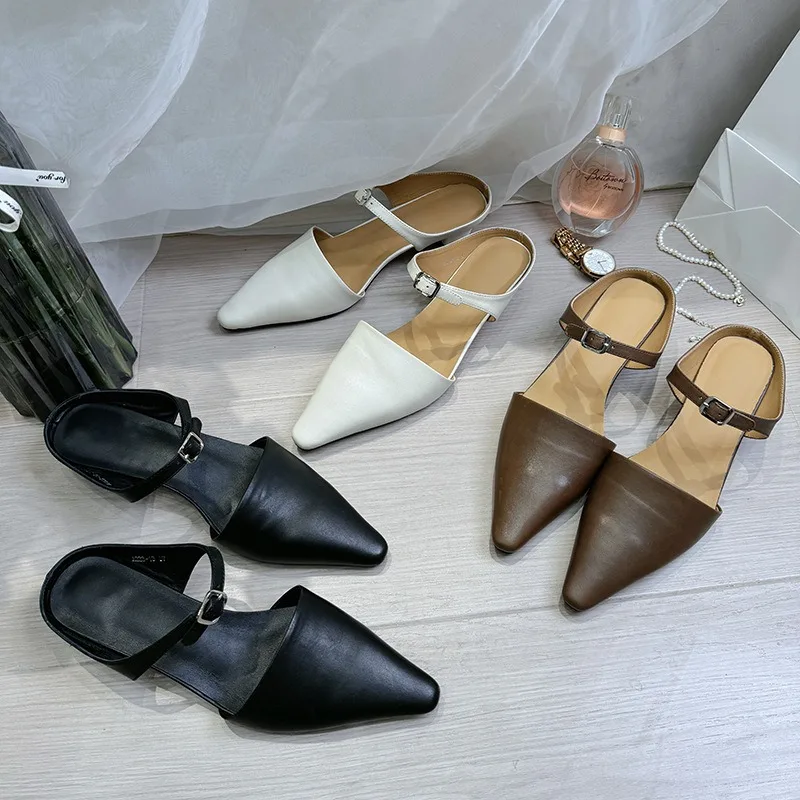 

Birkuir Pointed Toe Closed Toe Low Heel Slippers for Women Buckle Summer Beach Slides Genuine Leather Slip On Outdoor Slippers