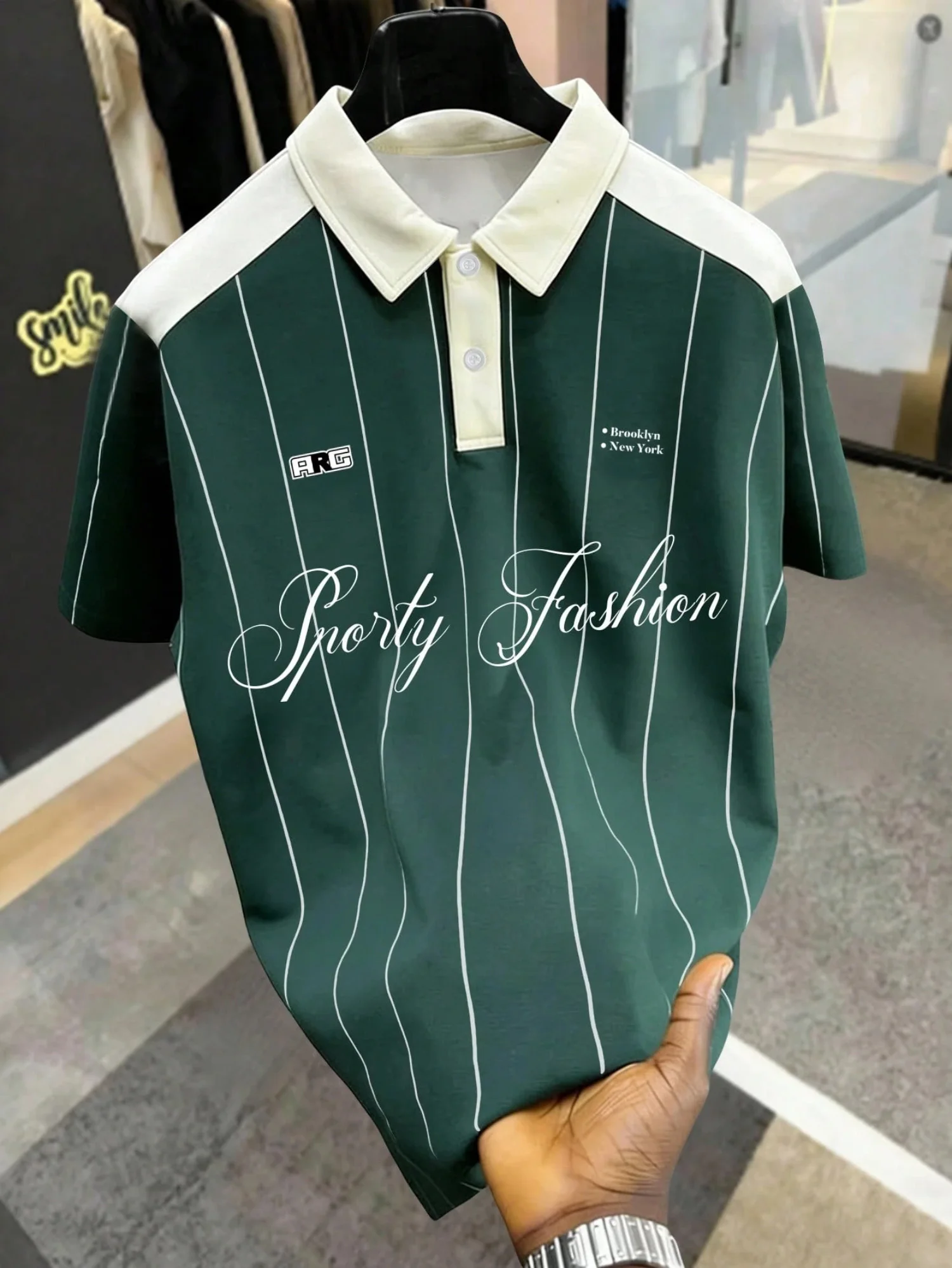 Men's Summer T-shirt  Vertical Stripe Short Sleeve Letter Text Print Casual Business Streetwear Breathable Polo Style Tops