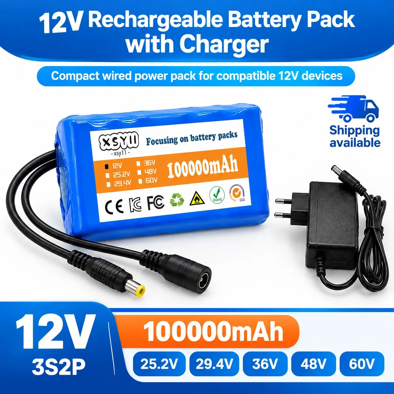 12V 3S2P 100Ah Li-Ion Battery Pack With Charger for Electric Bicycle Scooter DIY Rechargeable Equipment 1 2 3 Pack Options