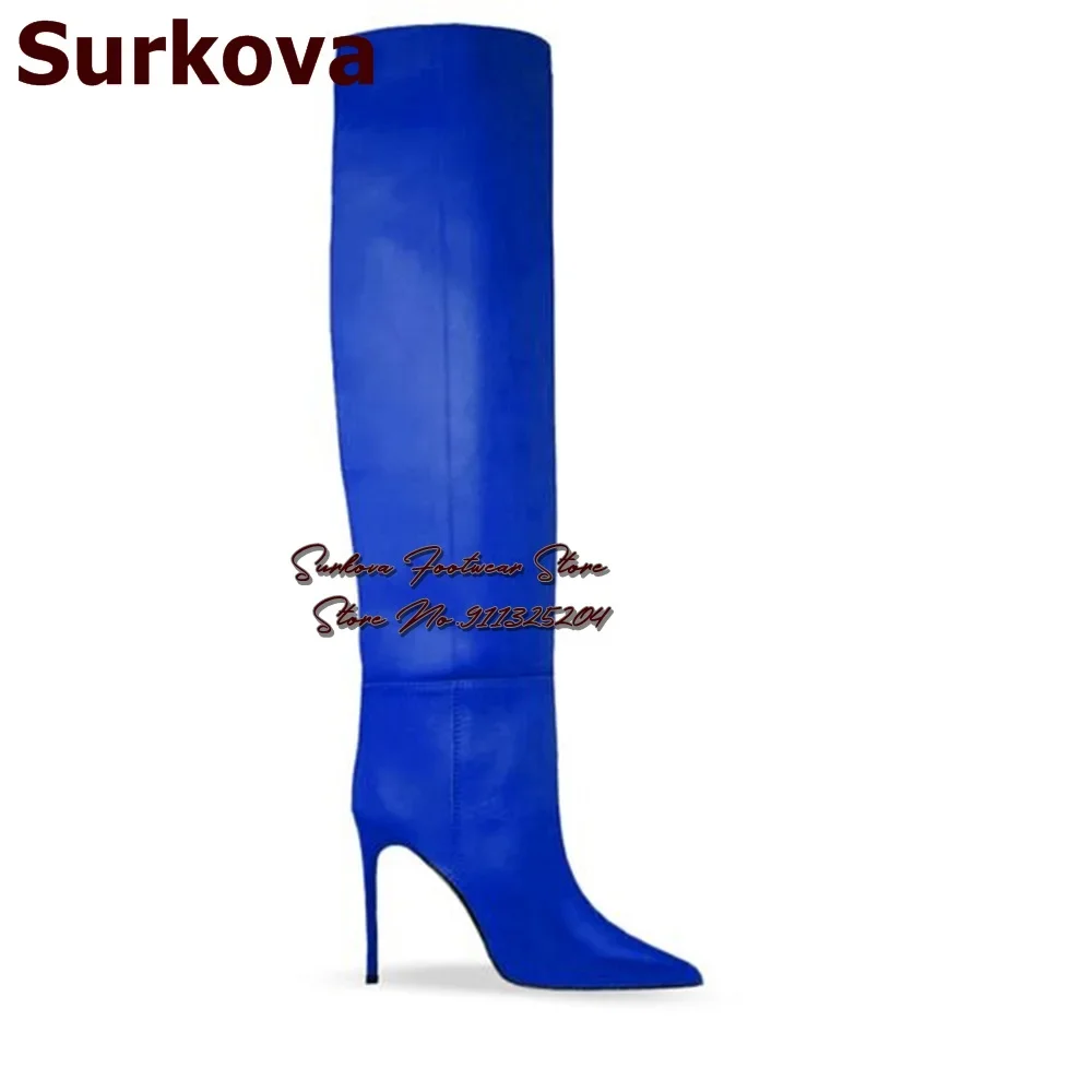 Surkova Black Matte Leather Slim Fit Knee High Boots Women Stiletto Heel Pointy Toe Dress Shoes Fall Winter Outdoor Coat Boots