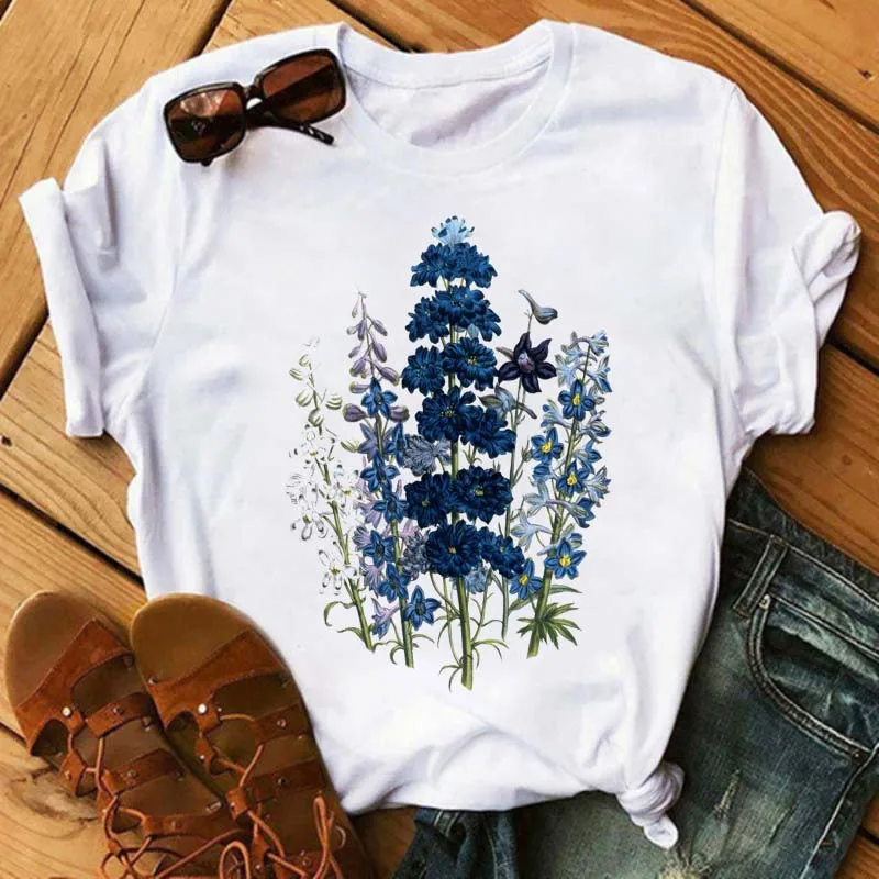 

New 90’s Women's T-shirt Fashion Flower Print Clothing Women T Shirt Harajuku Floral Graphic Short Sleeve Clothing Women's Top