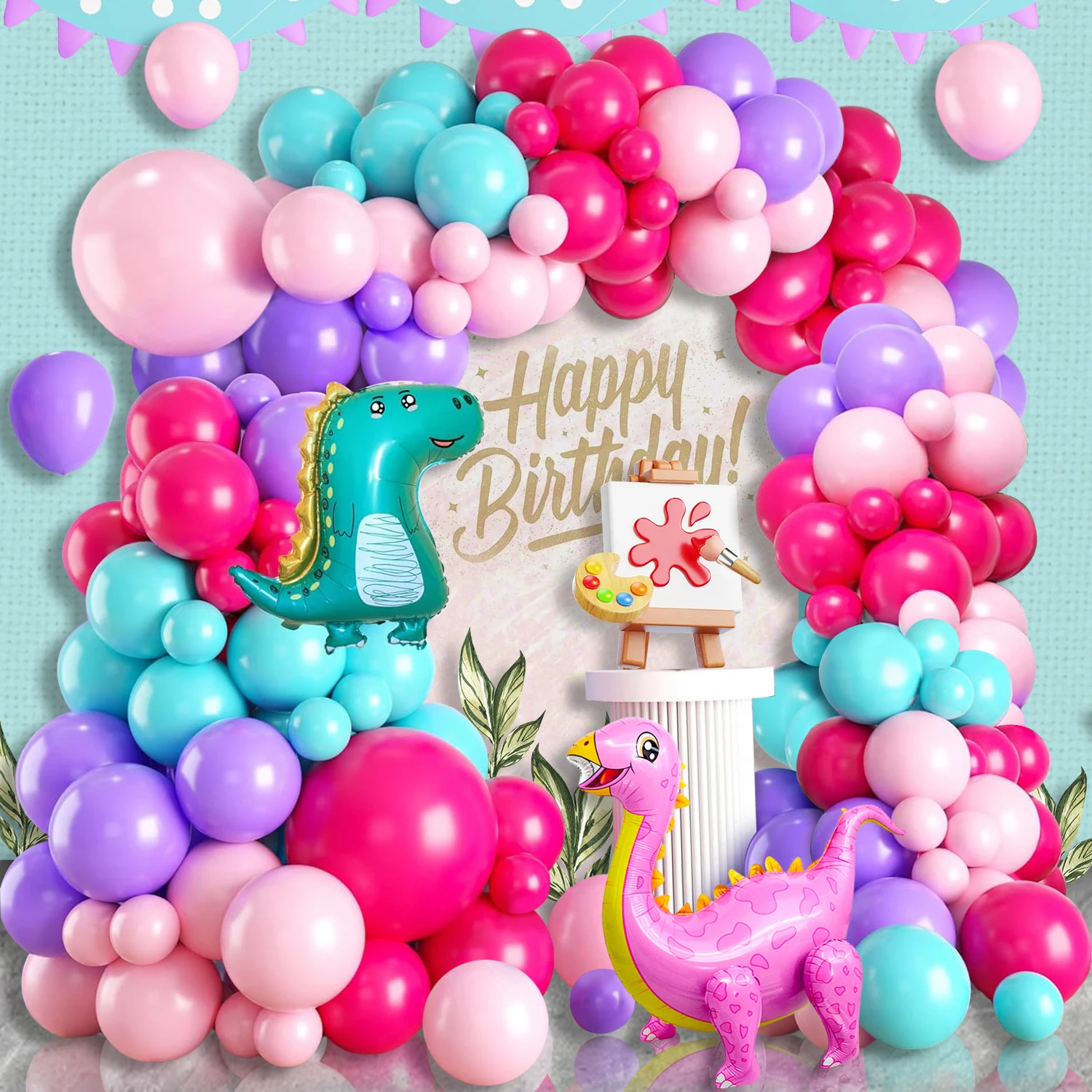 Ein Satz von rosa 4d Dinosaurier Thema Ballon Bogen Girlande Set, hot rosa blau lila Ballon Girlande Set mit Dinosaurier Folie Ballon Dschungel Jagd Dinosaurier Thema Geburtstags feier