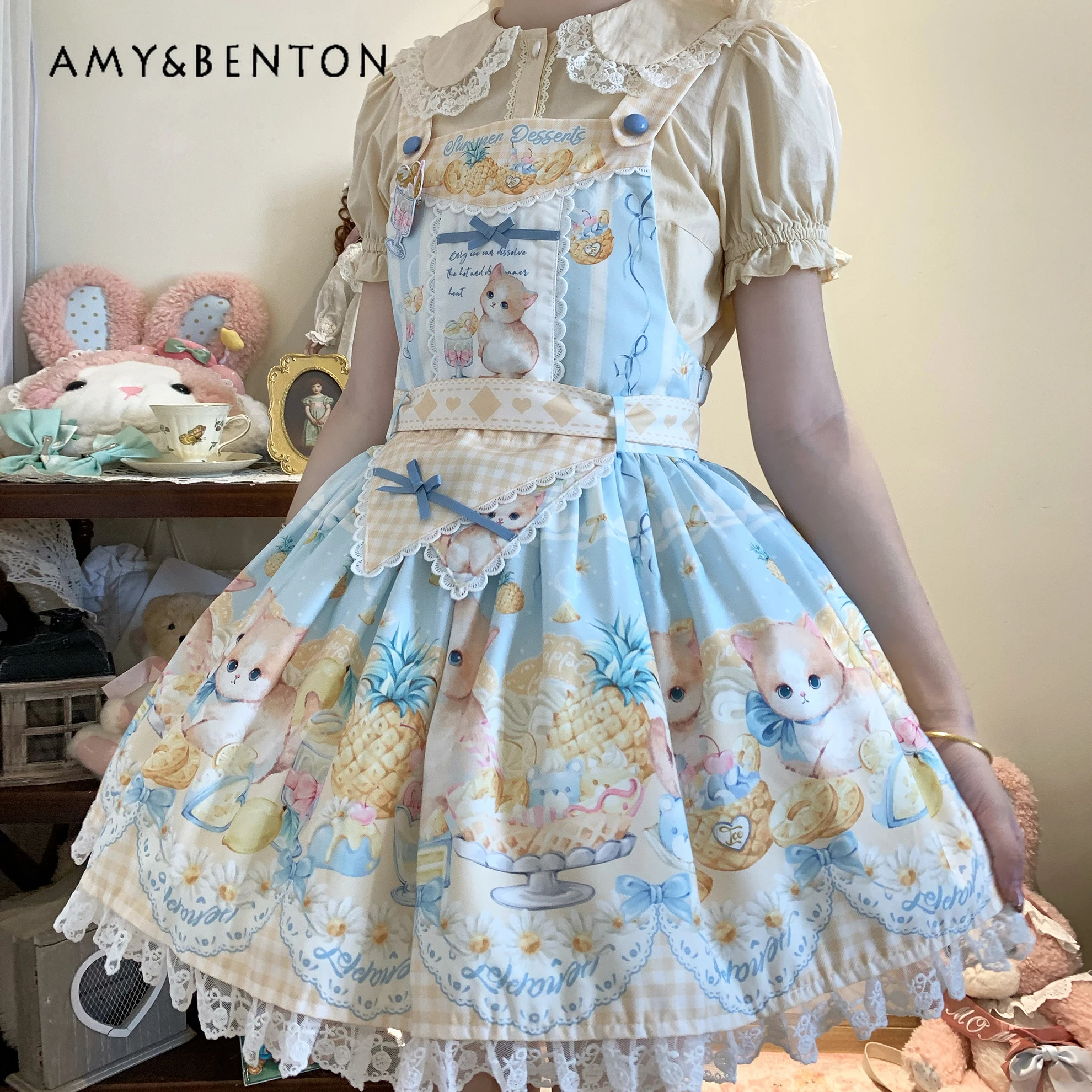 ชุดเดรสสายเดี่ยวพิมพ์ลายการ์ตูนแมวน่ารักสไตล์โลลิต้า JSK สำหรับใส่ได้ทุกวัน ดีไซน์ญี่ปุ่นน่ารัก โบว์ผูกโบว์ทรงพอง ช่วยให้ดูผอมเพรียว เหมาะสำหรับงานวันเกิดสำหรับผู้หญิง