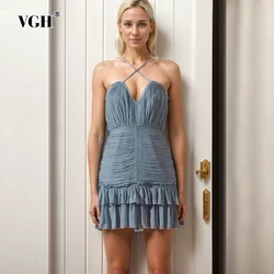 VGH Sexy Camisole Dresses V Neck Sleeveless Backless High Wiast Patchwork Ruffle Casual Soild Mini Dress Female Fashion Clothing