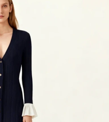 

Women's V-neck knit dress, single-breasted, slim fit, evening party midi robe