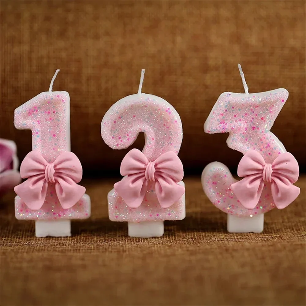 1Pcs Pink Bow Children's Birthday Candles 0-9 Number Purple Birthday Candles for Girls 1 Year Cake Topper Decoration