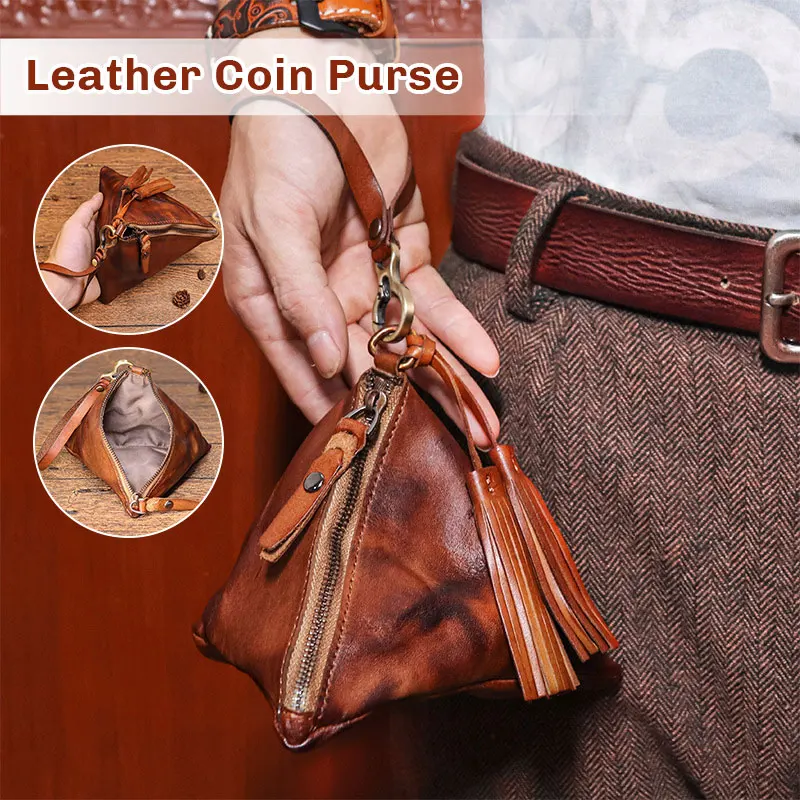 Handmade Genuine Leather Coin Purse Portable Key Card Pocket Handmade Personality Multi-functional Retro Cowhide Tassel Handbag