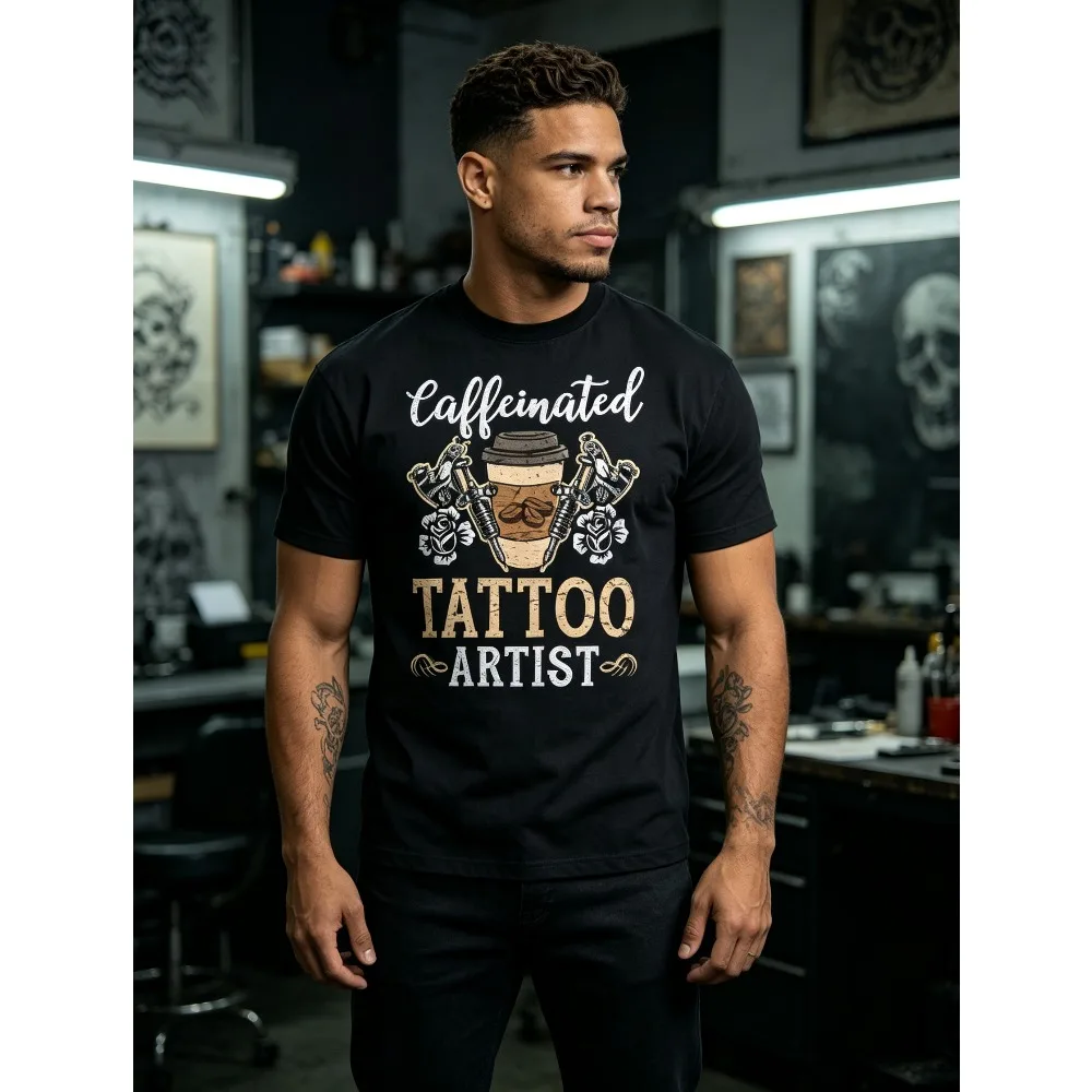 2026 New  Men Casual Short Sleeve T-shirt American Vintage Tattoo Artist Back Graphic Dual Tattoo Machine Coffee & Rose