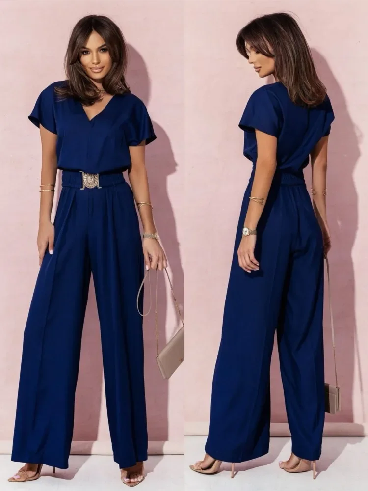 Mode Frauen Solide V-ausschnitt Kurzarm Overalls Sommer Casual Hohe Taille Lose Overall Breite Bein Lange Hosen Strampler Mit Gürtel