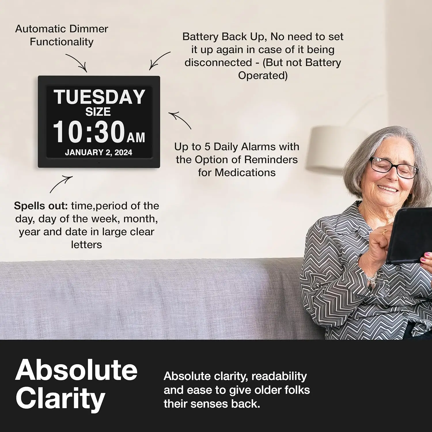 ساعة رقمية كبيرة للخرف 2024 جديدة لكبار السن، ساعة رقمية كبيرة، منبه مخصصة، ساعة مع يوم وتاريخ
