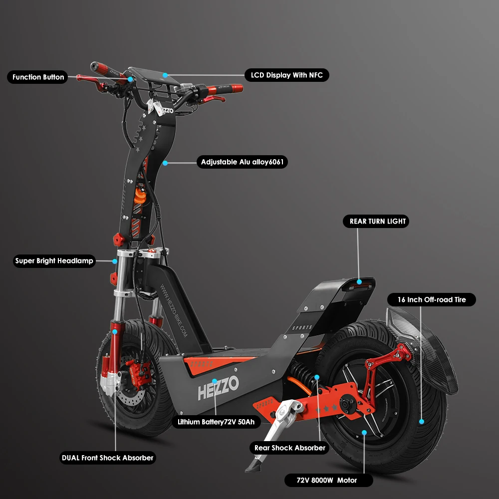 HEZZO-F8 Electric Scooter, Long Range, Off Road, Folding, Scooter with Seat, 100 km/h Max Speed, 50Ah, 120km, 16Inch, 72V, 8000W