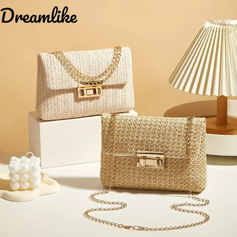 

Woven Straw Handwoven Women's Shoulder Bag Fashion Solid Color Crossbody Purse with Lock Closure Chain Strap Bag