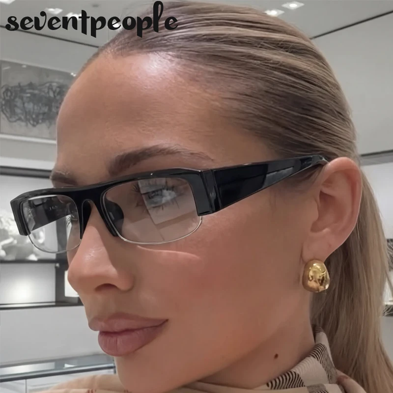 

Small Frame Rectangle Semi-Rimless Punk Sunglasses Women 2026 Luxury Designer Trendy Black Flat Top Retro Sun Glasses Y2K Shades