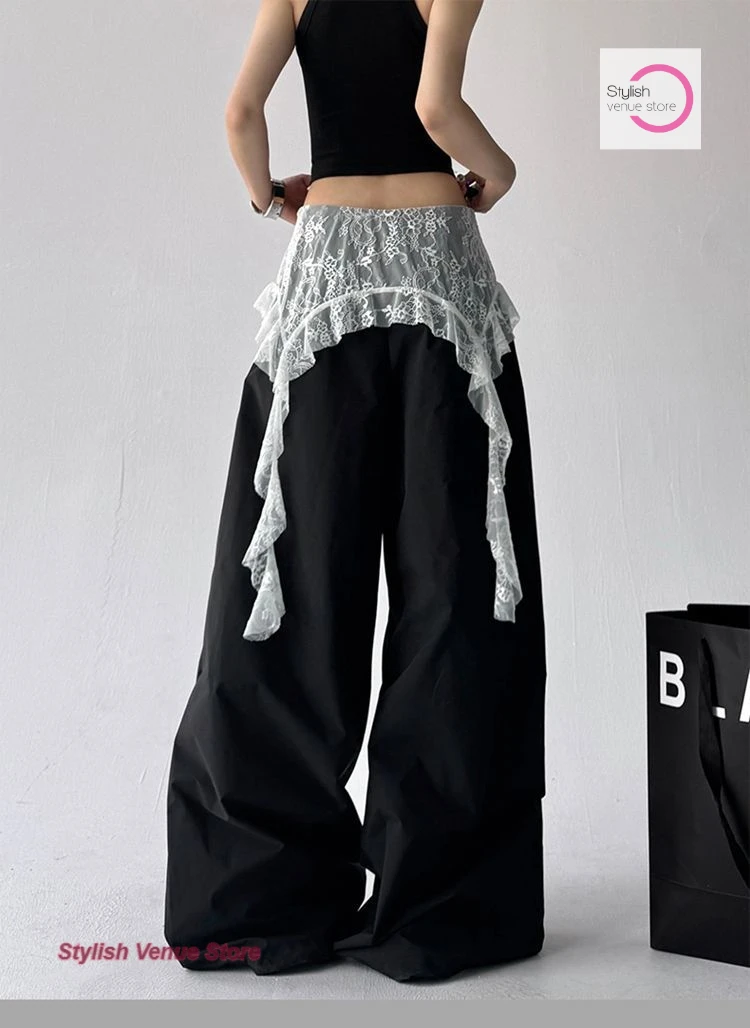 American fashion Joker lace stitching loose fart curtain casual pants women's summer temperament casual fake two wide-leg pants