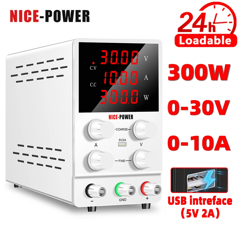 NICE-POWER DC 전원 공급 장치 가변 스위칭 조절, 고정밀 4 자리 LED 디스플레이, 5V, 2A USB 포트, 30V, 10A 