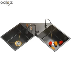 Kitchen Sinks Shape Stainless Steel Kitchen Sink Household Corner Black L-shaped Washibasin Hand Washing Multifunctional Sink