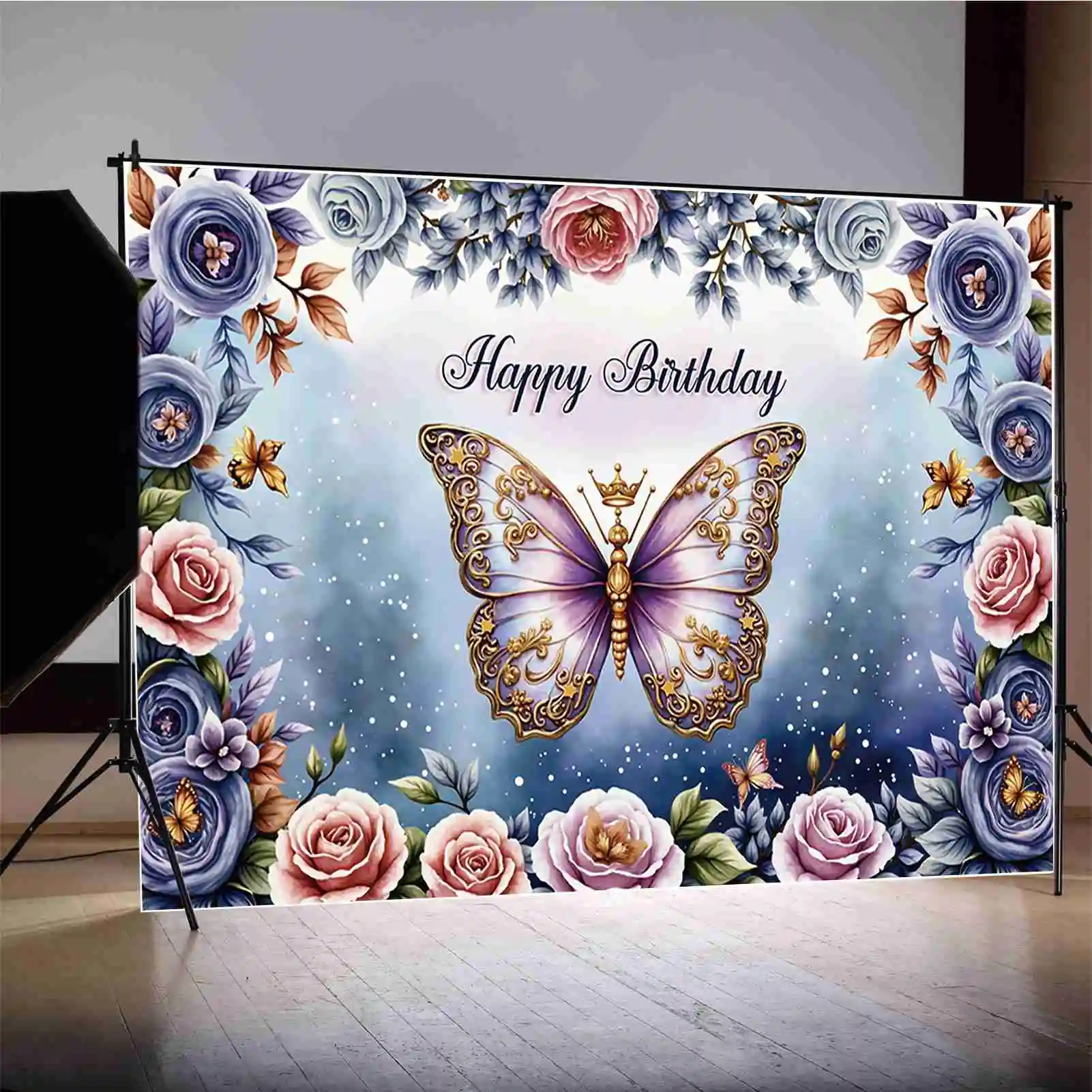 MOON.QG Schmetterling Geburtstag Hintergrund Fotografie Blume Goldene Punkte Märchen Photozone Hintergrund Baby Studio Photobooth Requisiten