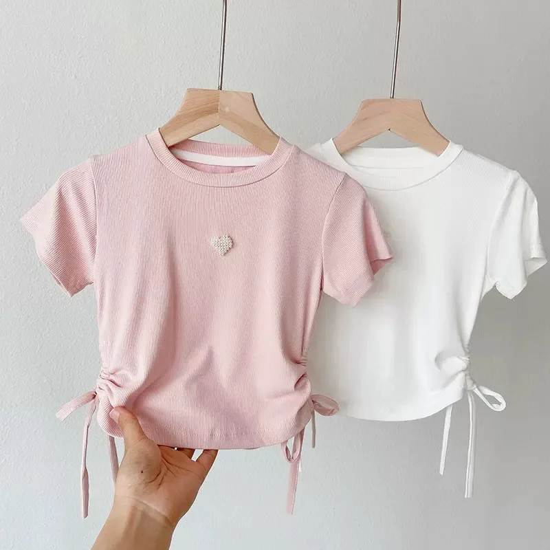 

2026 Summer New Sweet Cute Girls Heart T Shirts Solid Girls Short Sleeve T Shirts Loose Baby Casual Tops Toddler Tee