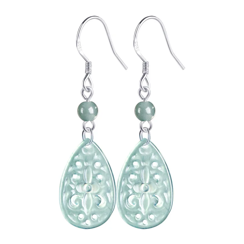 

S Blue Myanmar Jadeite Flower Earrings Stone Fashion Accessories Talismans Gifts for Women Natural Burmese Jade 925 Silver