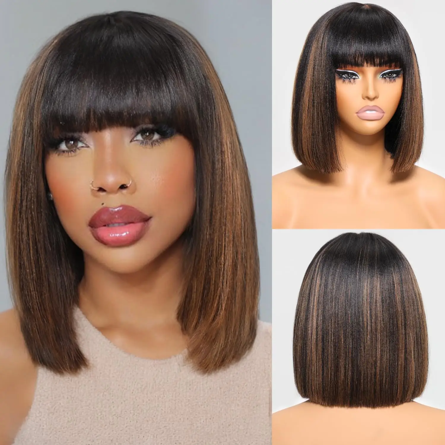 Straight Bob Human Hair Wig with Bangs Brown Highlight Transparent Lace Frontal Wigs Human Hair Ready to Wear Wig 10 inch