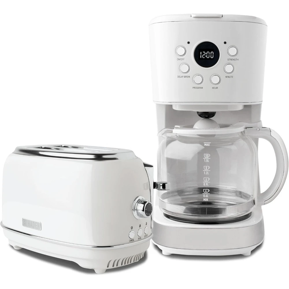 

12 Cup Programmable Coffee Maker with Brew Strength Control and Heritage Stainless Steel Bread Toaster 2 Slice Wide Slot, White