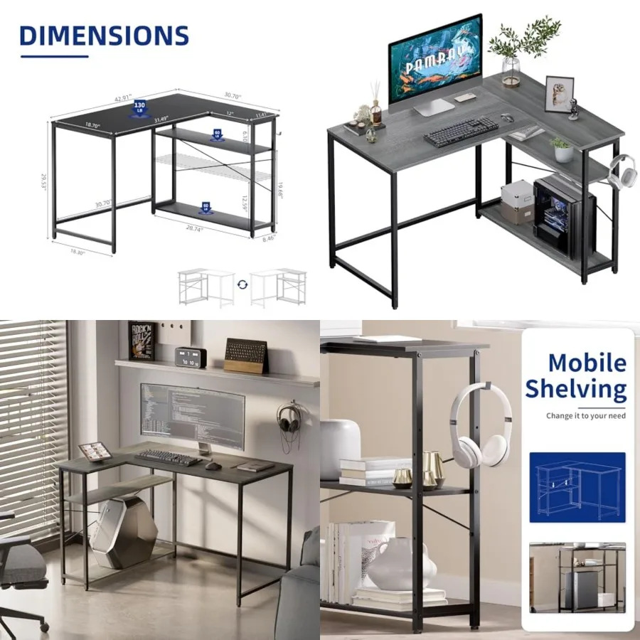 

L Shaped Computer Desk with Reversible Side Storage Shelves, Small Corner Desk for Small Space Home Office, Writg Study Table P