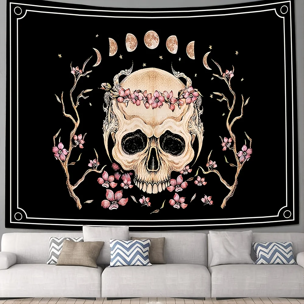 VIKAMA Halloween Gothic Blumen Wandteppich Rosa Blumenschädel Mondphase Sternenhimmel Wohnzimmer Schlafzimmer Dunkler Stil Dekoration