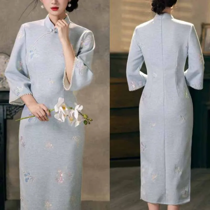 Women Muted Pink Printed Qipao Mid Length Sleeve Beaded Edge Mandarin Collar Side Split Long Cheongsam Tea Gathering Vestidos