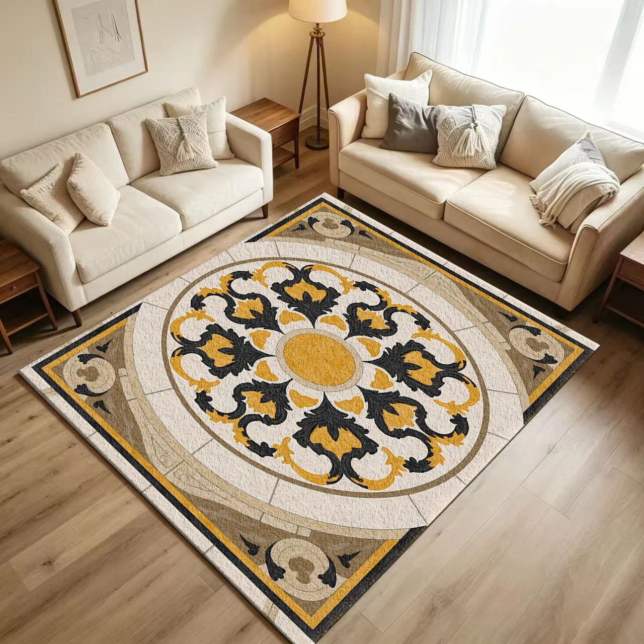 Classic Marble Medallion Carpet Flooring Yellow Black Scroll Ornamental Pattern Printed Floor Rug for Household Indoor Noble Home Decoration