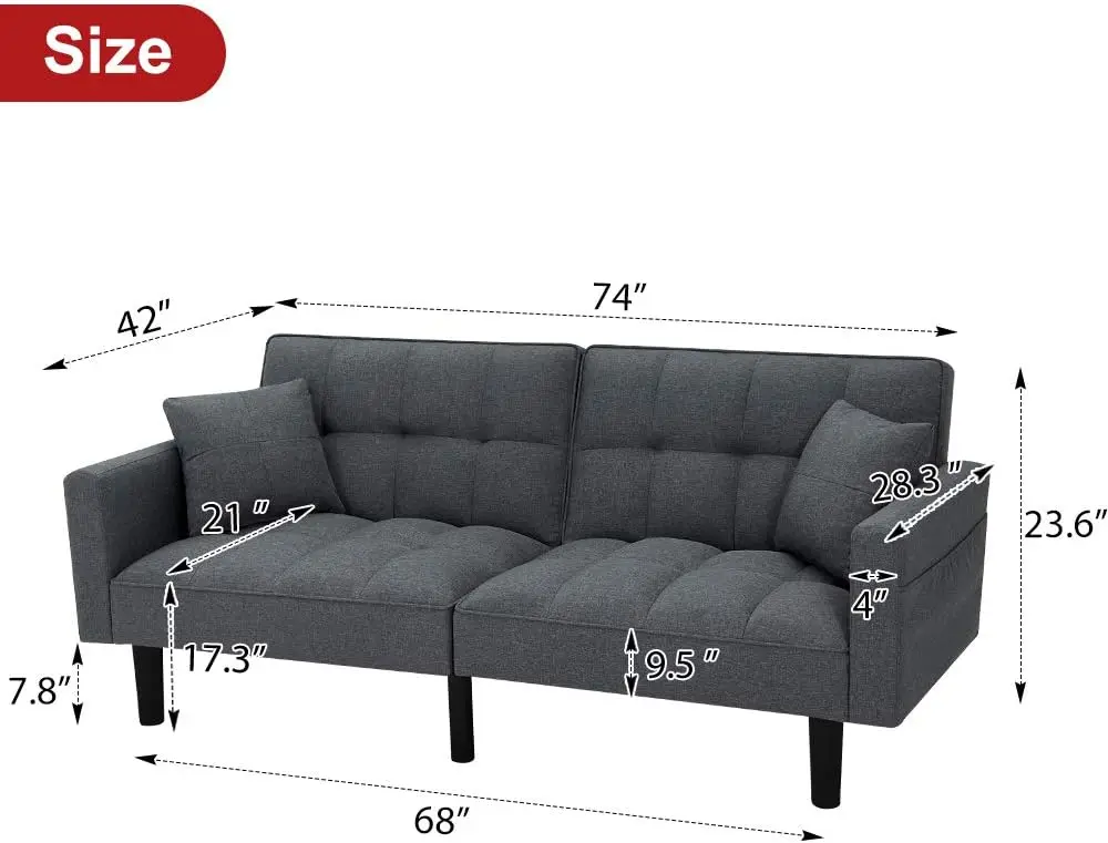 Sleeper Sofa Bed Modern Linen Fabric Couch Bed Futon Sofa Bed with 2 Pillows for Living Room, Apartment, Guest Room,