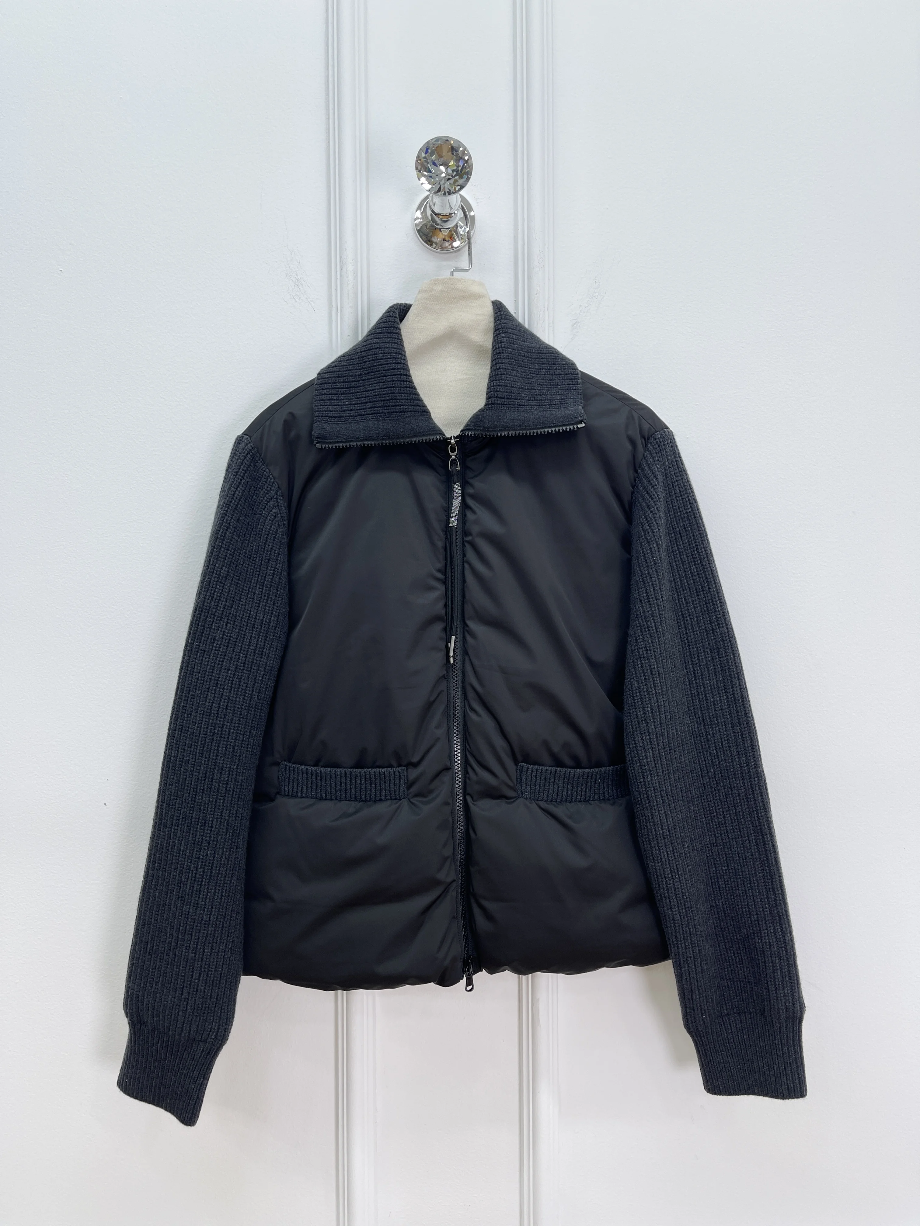 여성용 2025 가을 겨울 신상품 고품질 대형 라펠 지퍼 구스 다운 재킷 양모 혼합 소매 따뜻한 재킷