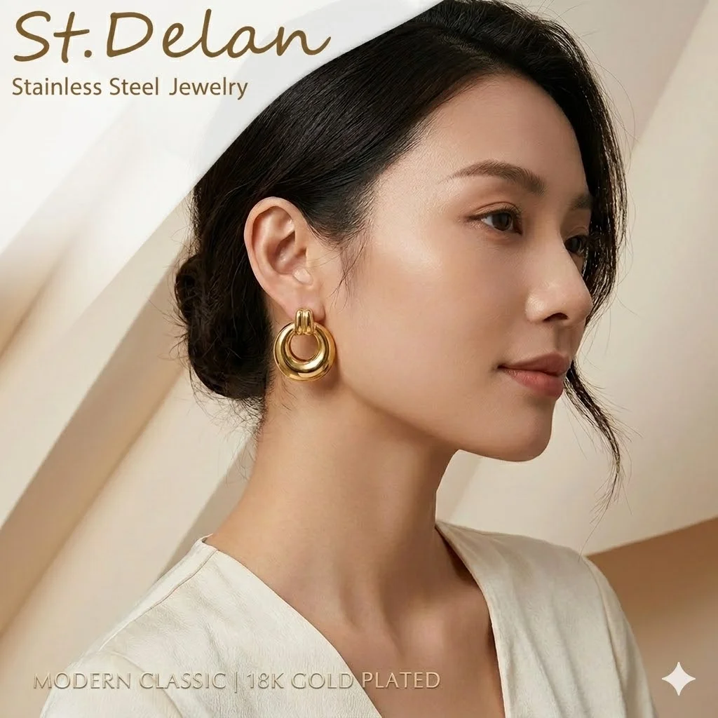 

St-Delan Stainless Steel Gold Plated ew Arrival Minimalist Stripes Hoop Earring Women Tarnish Free Chunky C Stud Earrings