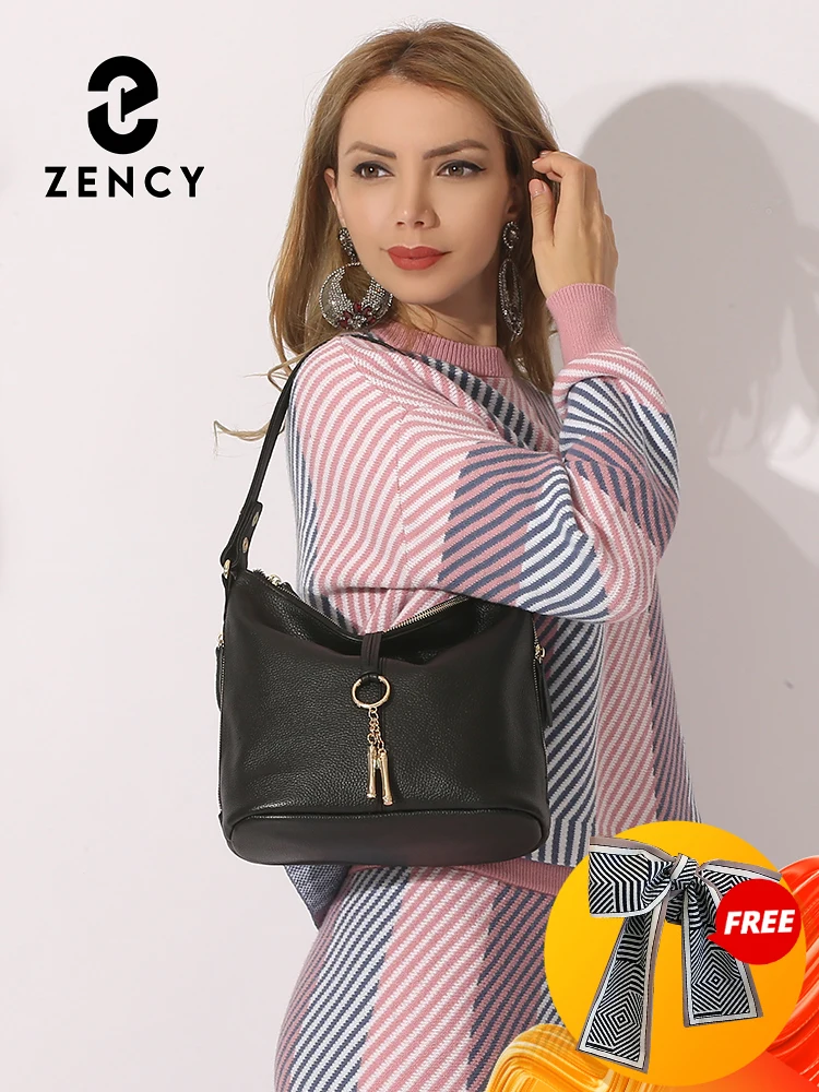 Zency Elegant Black Women Shoulder Bag 100% Genuine Leather Hobo Handbag Lady Messenger Bag Charm Lock Decoration Shopping Bag