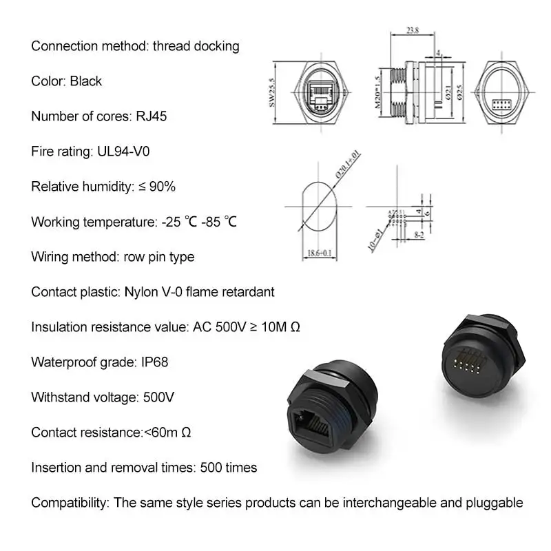 RJ45 Network Aviation Connector M19 Exchange Board Signal Socket Rj45 Waterproof Interface 500v 8pin Crystal Head Plug IP68