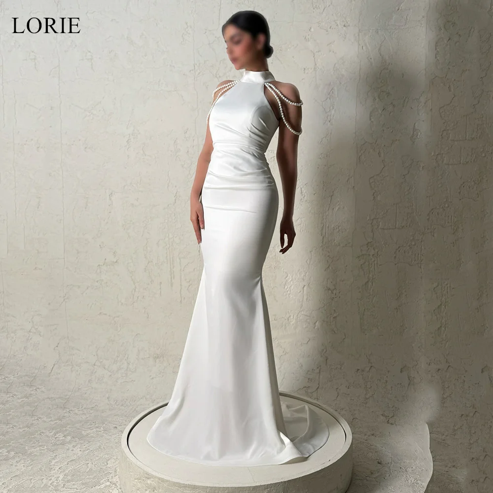 LORIE Eenvoudige Vlek Trouwjurken Hoge Hals Parels Zeemeermin Bruid Galajurk Plooien Vloerlengte Bruidsjurken Aangepast