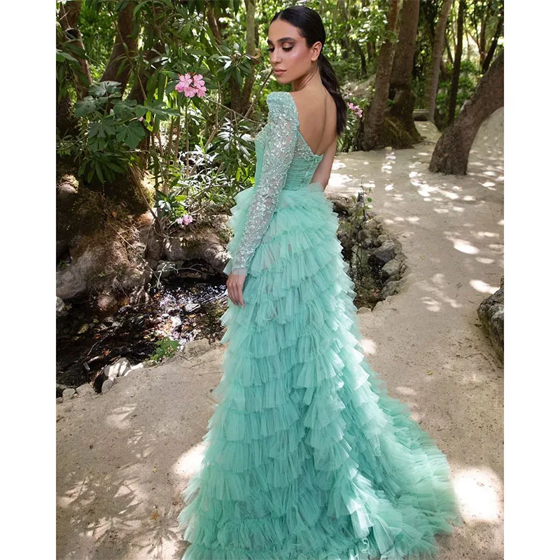 Luxury Pleated Tulle Formal Prom Dresses One Shoulder Sequins Beaded Layered Arabic Style Evening Dressing Gowns