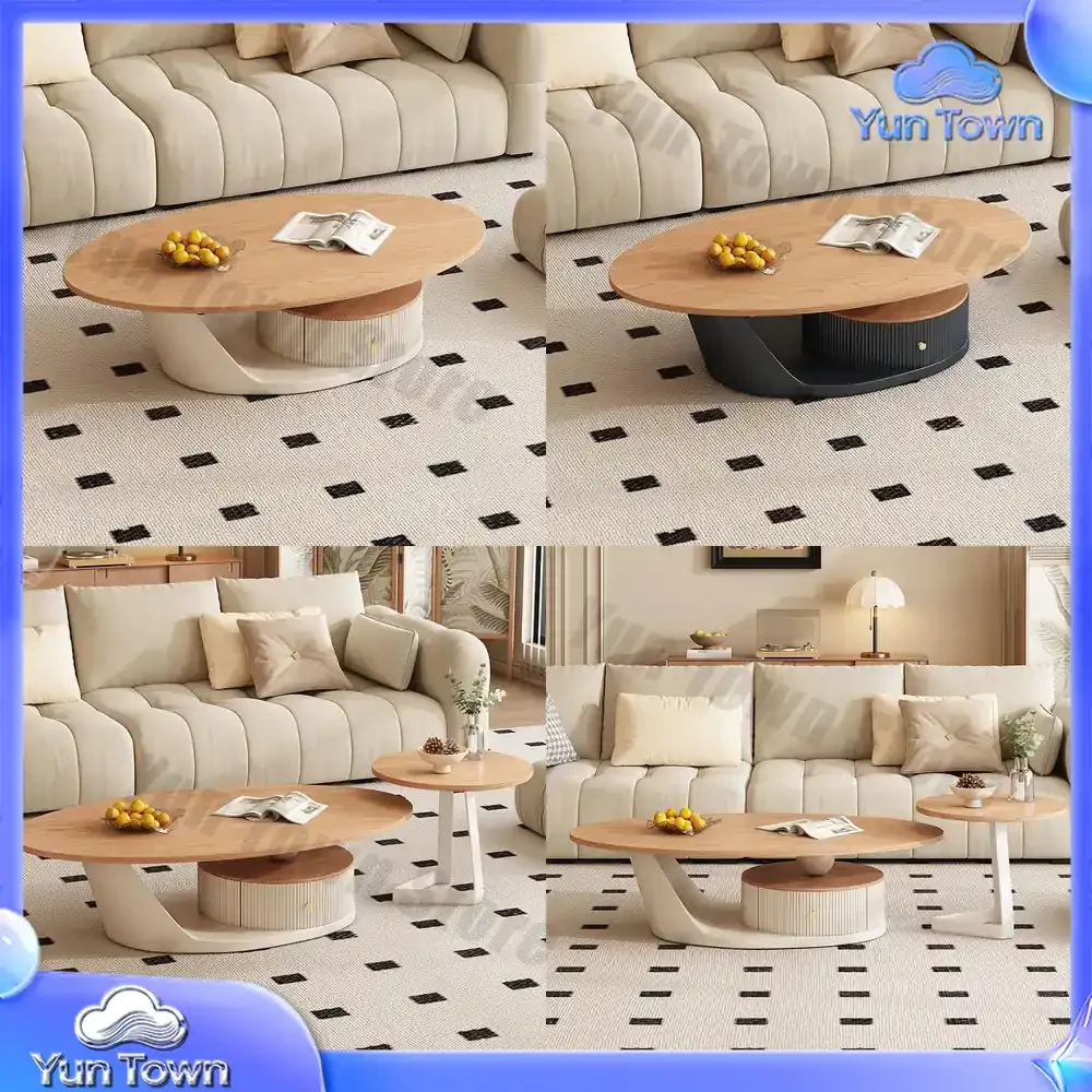 French log style living room home modern simple round coffee table light luxury oval high-end solid wood coffee table