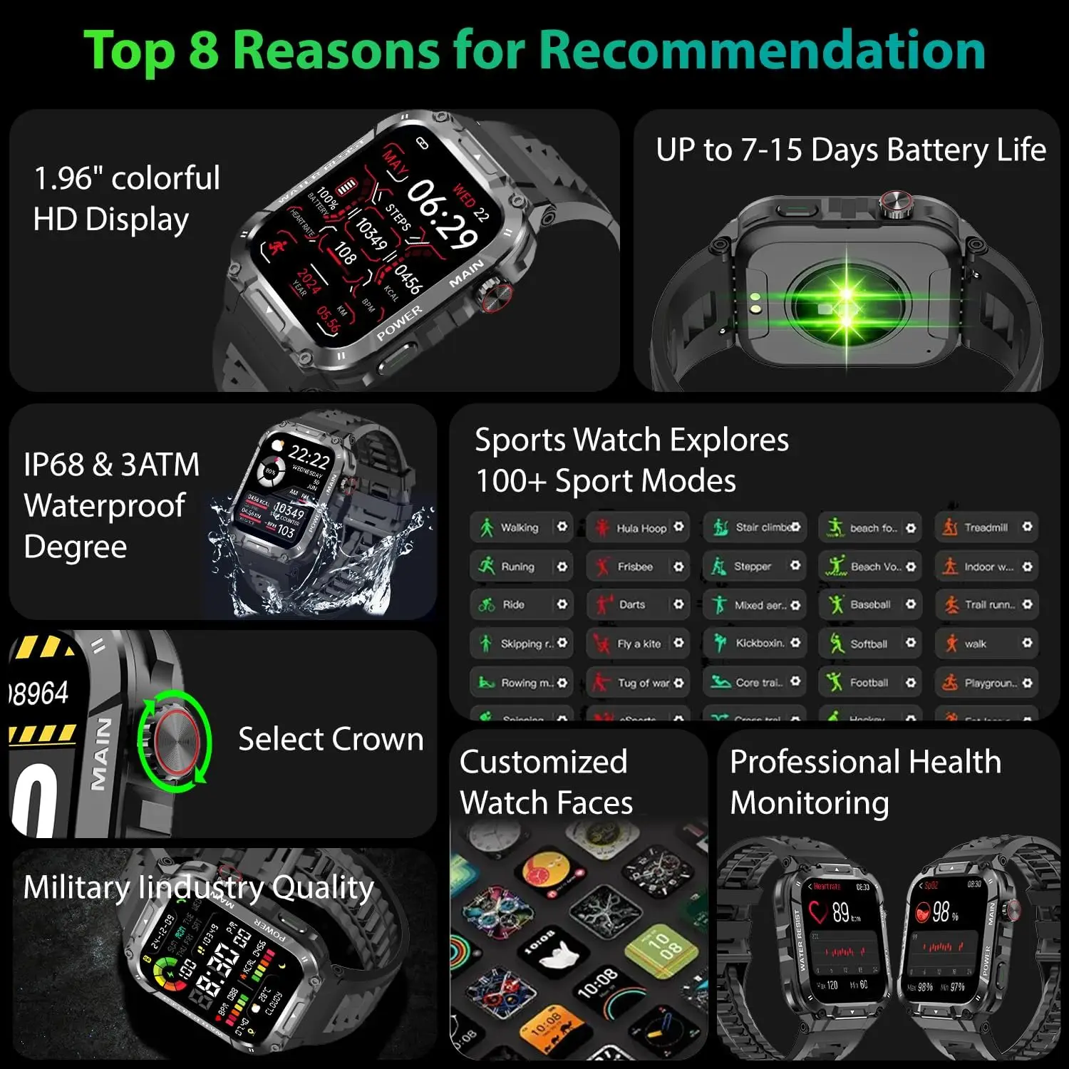 Rugged Military Smart Watch for Men with 400mAh Large Battery Heart Rate Monitor 1.85'' Display Bluetooth Call MK66 Upgrade Outd