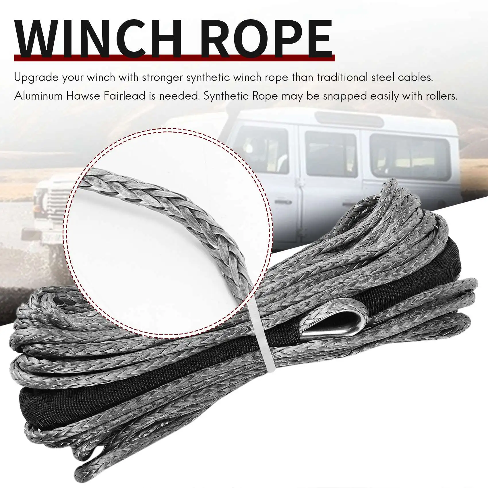 3/16 inch x 50 inch 7700LBs Synthetic Winch Line Cable Rope with Protecing Sleeve for ATV UTV (Grey)