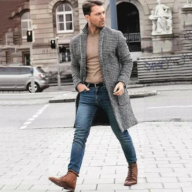 2023 Autumn Winter Luxury Tweed Coat Men Long Sleeve Trench Coat Plaid Vintage Slim Mid-length Windbreaker Brands Outerwear