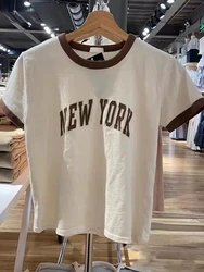 Vintage Letter Print Beige T-Shirts Women Casual Harajuku O Neck Cotton Short Sleeve T Shirt Summer Retro Patchwork Y2k Crop Top