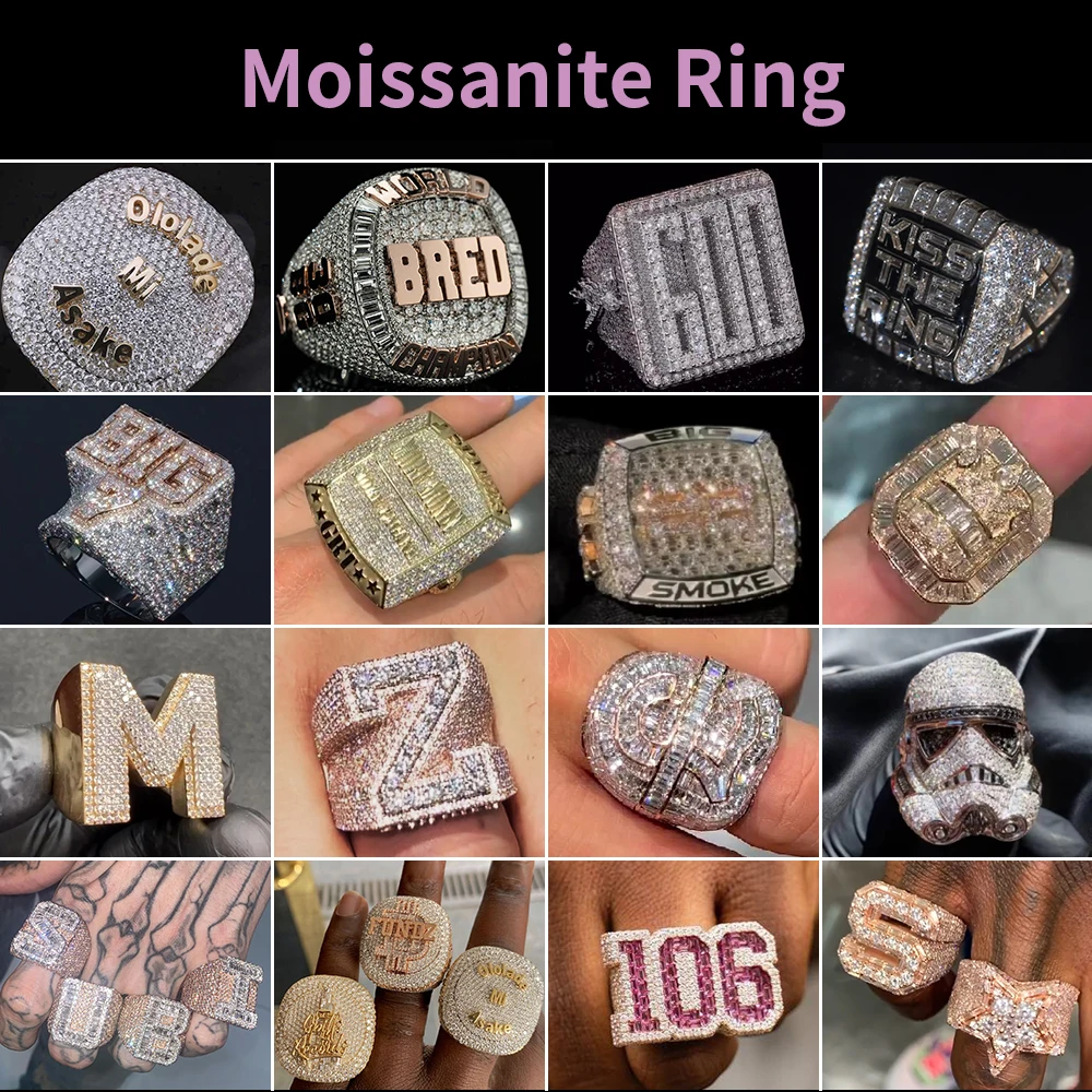 Iced Out Baguette Hip-Hop Ring VVS Moissanite 925 Silver Pass Diamond Tester Custom Moissanite Ring