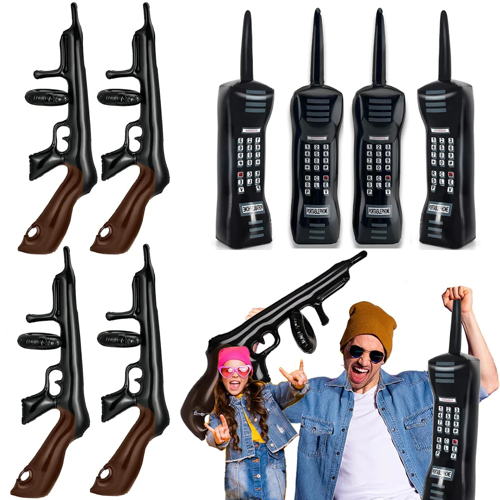 80s 90s Theme Party Decoration 2Pcs Inflatable Rentro Mobile Phone PVC Gun Prop Booth Kids Army Soldier Birthday Party Supplies