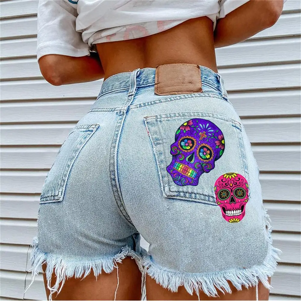 

Denim Shorts For Women2023 Summer New Skull Print Graffiti Ladies Denim Shorts Nightclub Personality Hot Pants