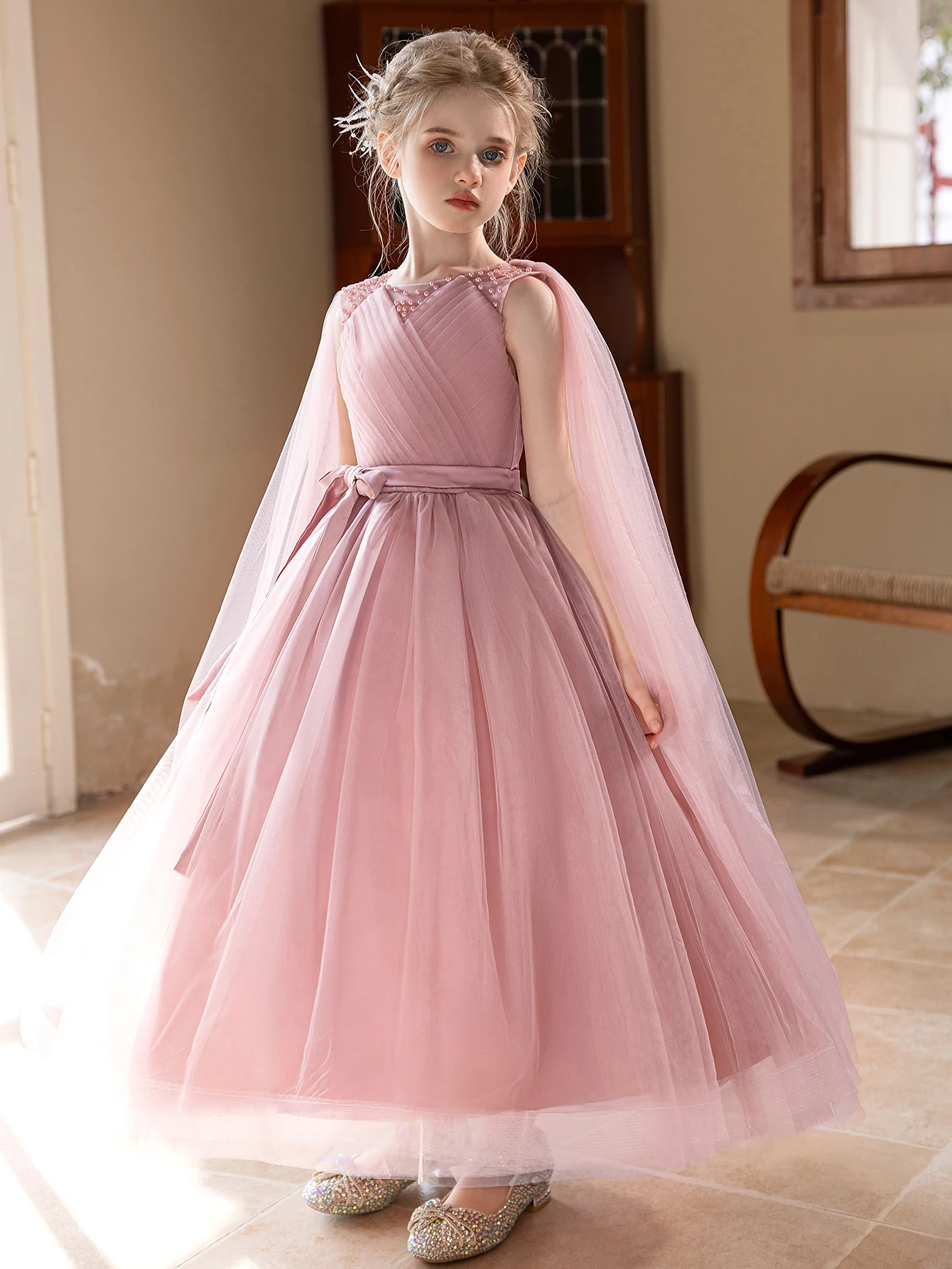 

Elegant Girl Pink Mesh Long Dress Wedding Flower Girl Dress Birthday Party