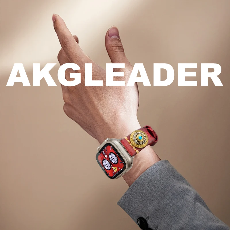 AKGLEADER Leather Strap with spinning top For applewatch ultra 1 2 3 49mm Men Bracelet Band iwatch 3 4 5 6 7 8 9 cow  watchband