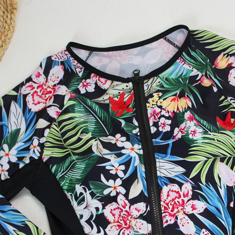 Print Floral One Piece Swimsuit Women Swimwear Monokini Long Sleeve Printed Female Bathing Suit Surfing Bodysuit Swim Wear Beach