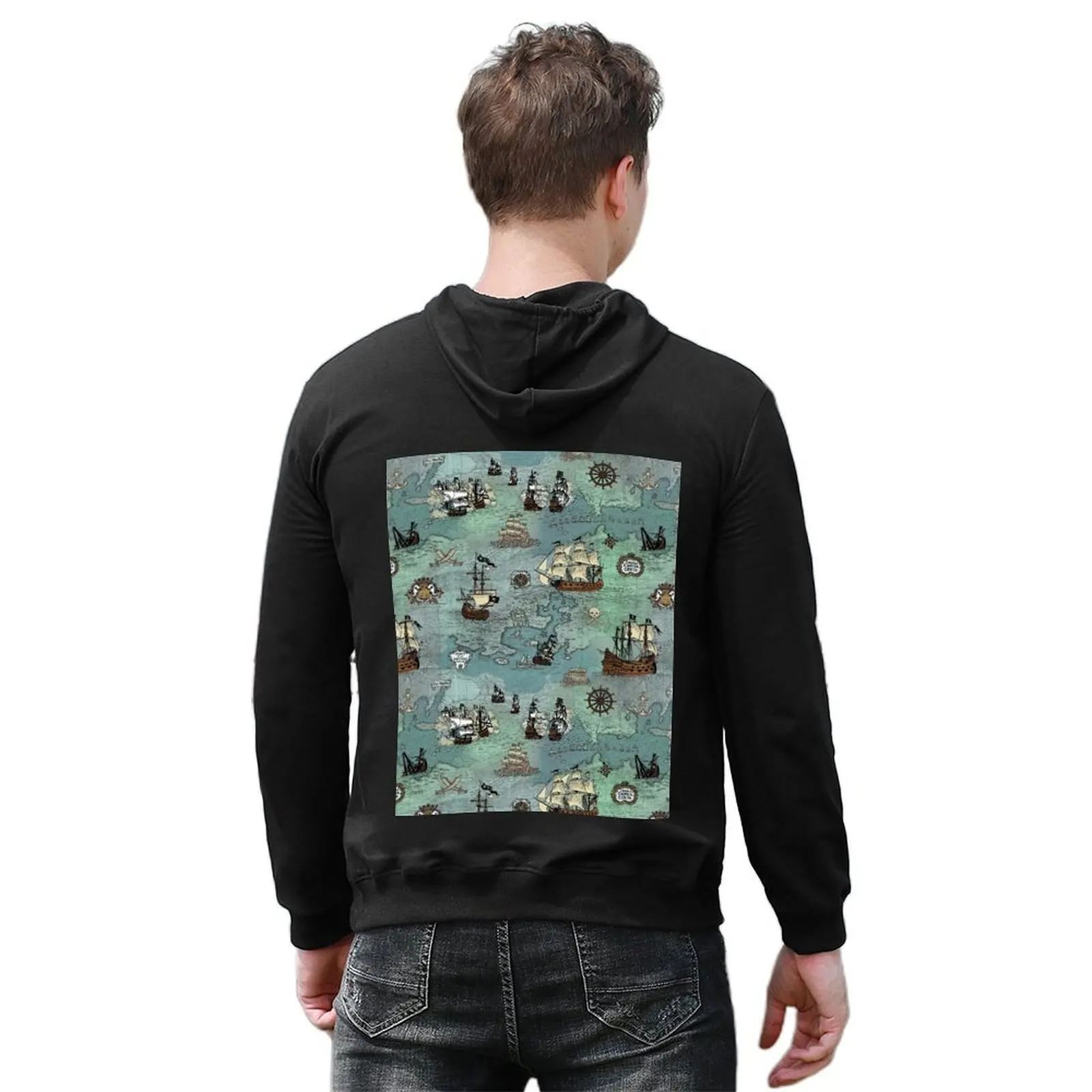 خريطة القراصنة البحرية طباعة المحيط الأزرق والزجاج البحري الأخضر هوديي الخريف منتجات جديدة ملابس أنيمي جديدة في هوديس